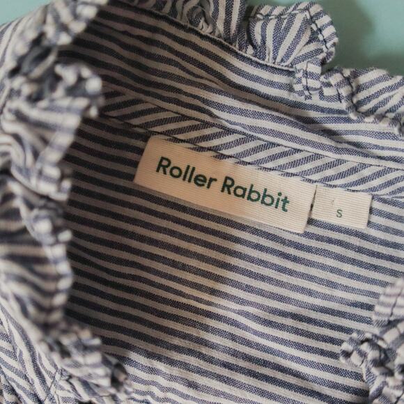 Roller Rabbit Blue Striped Ruffle Neck Embroidered Trim Shirt Size Small - Picture 4 of 8